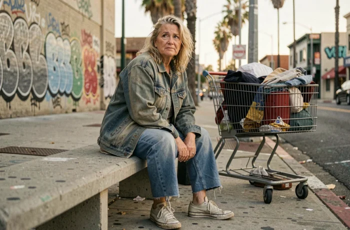 Femme sans abri assise sur un banc urbain à Los Angeles avec un chariot rempli d'affaires personnelles, regard lointain et mélancolique