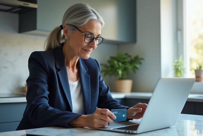 Femme senior gérant en ligne le remboursement de ses lunettes Zeiss via sa mutuelle santé