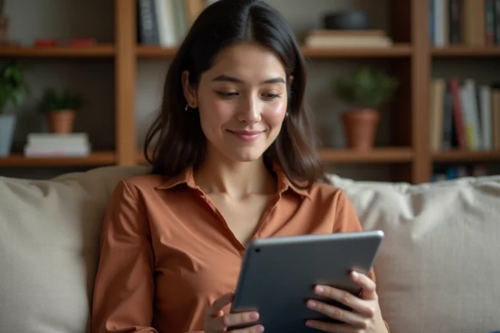 Jeune femme convertissant un fichier audio en vidéo MP4 avec une tablette depuis son canapé, illustrant la productivité quotidienne
