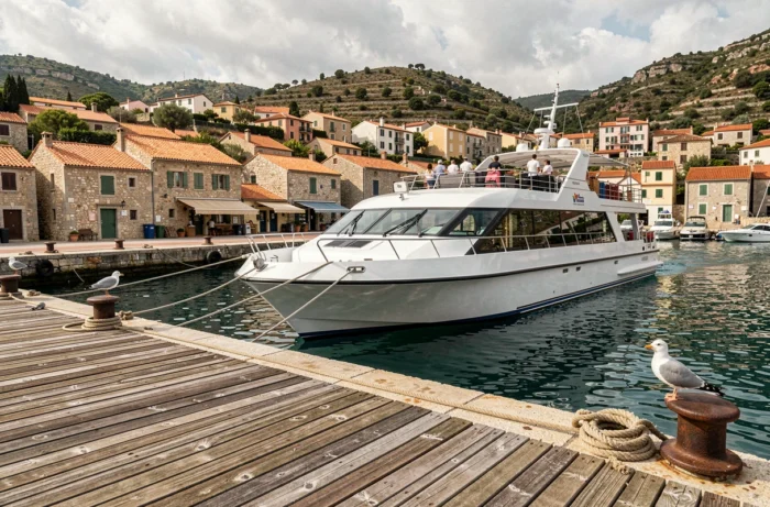 Ferry maritime amarré dans le port de Propriano avec passagers et vue sur la ville côtière de Corse