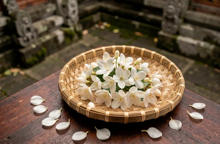Fleurs de jasmin balinais blanches fraîches disposées sur un panier en feuille de palmier tressée, posé sur du bois de teck sombre dans une cour de temple balinais