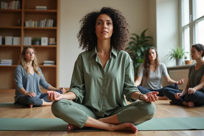 Femme participant à une formation de doula dans un studio lumineux avec d'autres apprenants adultes