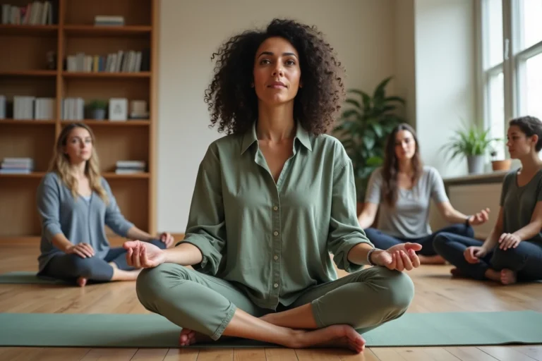 Femme participant à une formation de doula dans un studio lumineux avec d'autres apprenants adultes