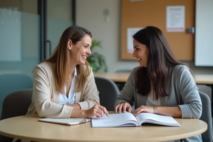 Formatrice et étudiante doula en session d'apprentissage individuelle dans un centre de formation périnatal