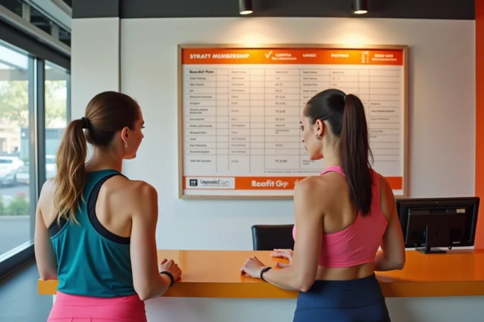 Deux femmes consultant un tableau comparatif des formules d'abonnement Basic Fit à l'accueil d'une salle de sport