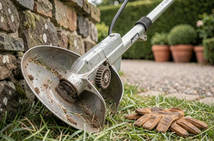 Gros plan d'une débroussailleuse thermique professionnelle posée contre un mur en pierre avec des gants de travail dans un jardin de campagne
