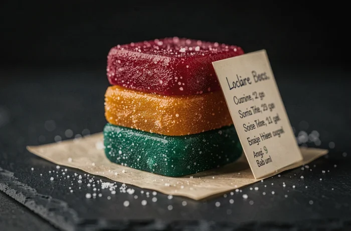 Gros plan de trois loukoums empilés aux couleurs intenses avec étiquette de calories sur ardoise sombre