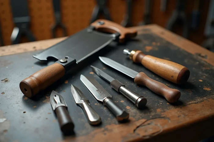 Gros plan sur une sélection d'outils en K posés sur une surface métallique texturée dans un atelier