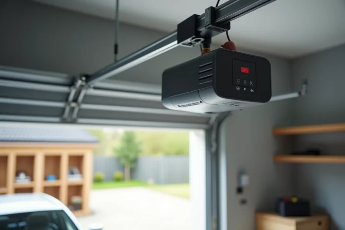 Gros plan sur le panneau de commande et les boutons du moteur Hormann SupraMatic E2 fixé au plafond d'un garage