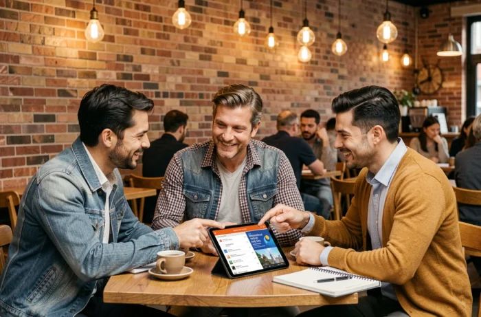 Groupe de professionnels discutant d'une plateforme de référence sur les journées mondiales dans un café urbain