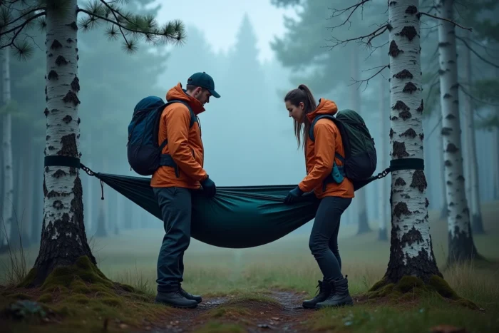 Deux randonneurs vérifiant leur hamac dans les bois pour passer une nuit en sécurité en plein air