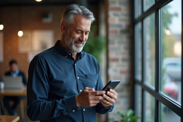 Homme consultant des notifications d'alertes emploi Pôle emploi sur son smartphone dans un espace de coworking