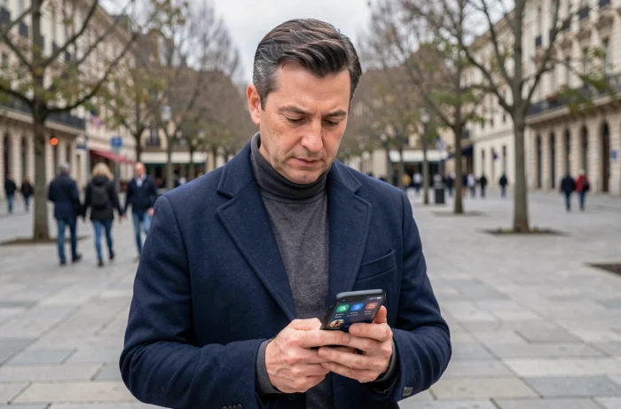 Homme consultant une application de journées mondiales sur son smartphone dans une place publique européenne