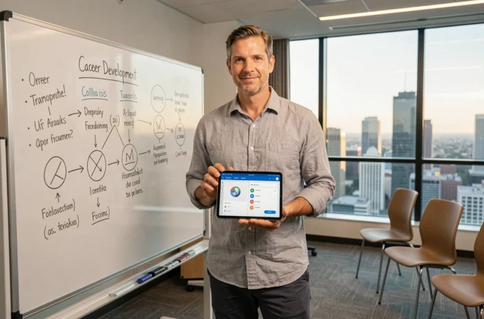 Homme cadre consultant une plateforme de formation professionnelle sur tablette devant un tableau de compétences