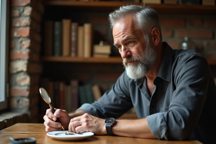Homme contemplant un objet symbolique sur un bureau en bois dans une ambiance spirituelle et réflexive
