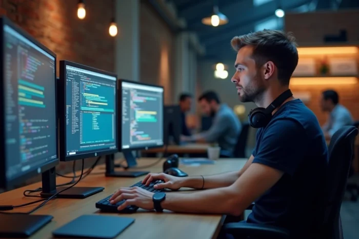 Homme utilisant un logiciel de conversion MP3 MP4 sur un poste de travail multi-écrans dans un espace de coworking moderne