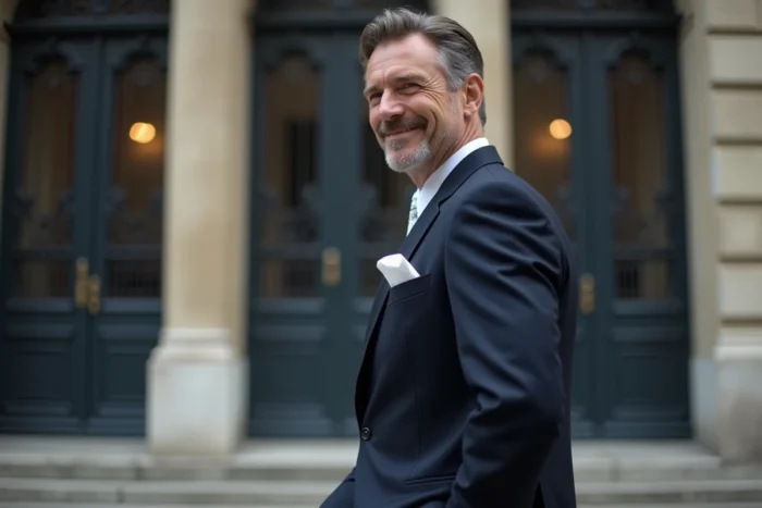 Homme élégant en costume bleu marine devant un immeuble parisien haussmannien, portrait discret évoquant une personnalité publique lors d'un mariage