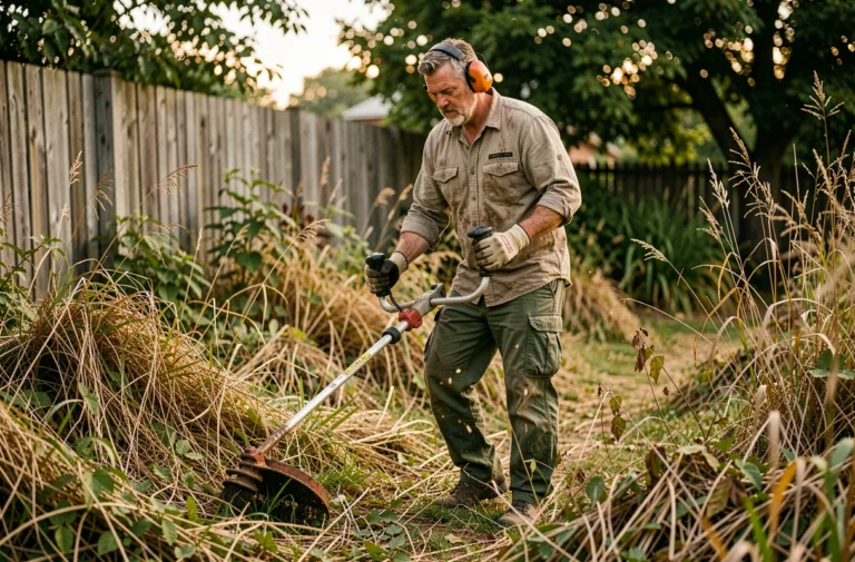 Homme utilisant une débroussailleuse thermique pour entretenir une pente envahie de mauvaises herbes dans un jardin rural en été
