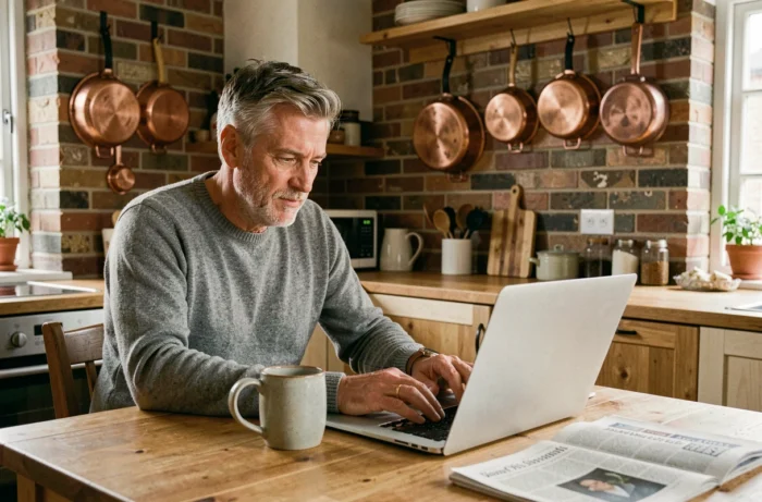 Homme consultant une plateforme de finance en ligne depuis son domicile avec un ordinateur portable