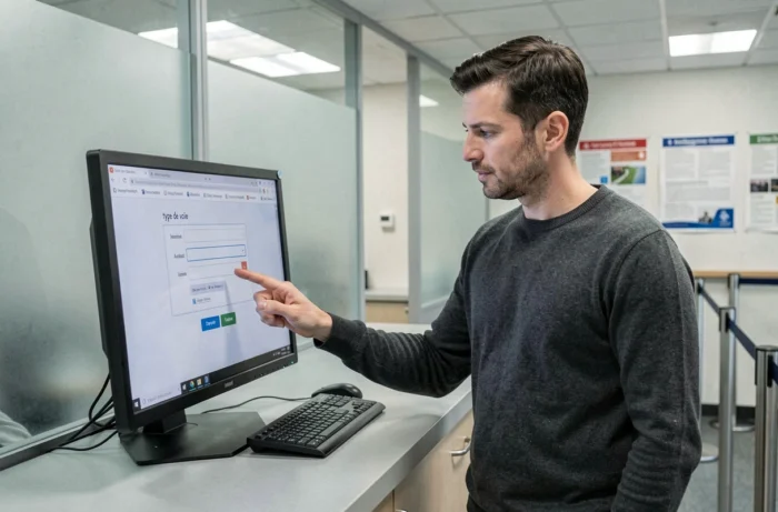 Homme utilisant un formulaire en ligne pour renseigner son adresse postale avec les champs voie et localité dans un bureau administratif public