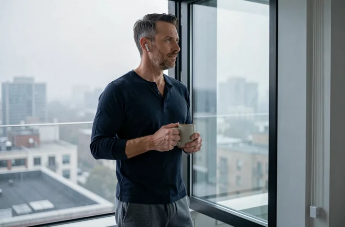 Homme avec écouteur sans fil regardant par une fenêtre urbaine en tenant un café, représentant l'effet apaisant de la musique sur le cerveau au quotidien