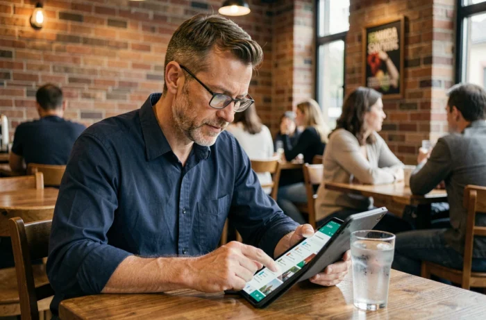Homme d'âge mûr consultant des offres d'emploi en ligne sur une tablette dans un café urbain