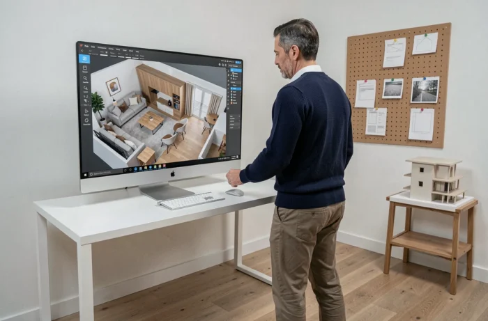 Homme debout devant un grand écran affichant un plan 3D de salon avec meubles personnalisés importés dans HomeByMe