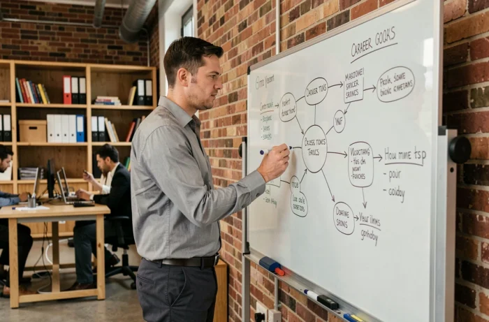 Jeune homme professionnel planifiant sa progression de carrière sur un tableau blanc dans un espace de coworking moderne