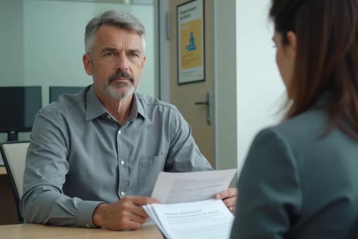 Homme en rendez-vous à Pôle Emploi discutant de ses droits aux allocations chômage avec un conseiller