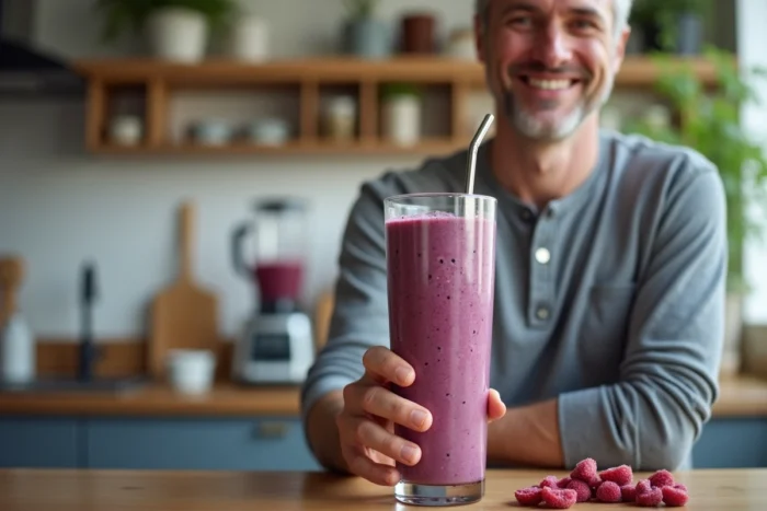Homme tenant un verre de smoothie aux fruits congelés dans une cuisine moderne avec des herbes fraîches en arrière-plan