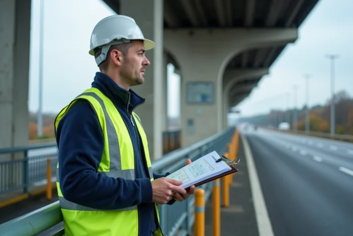 Ingénieur en gilet jaune inspectant une infrastructure autoroutière gratuite en France avec un dossier technique