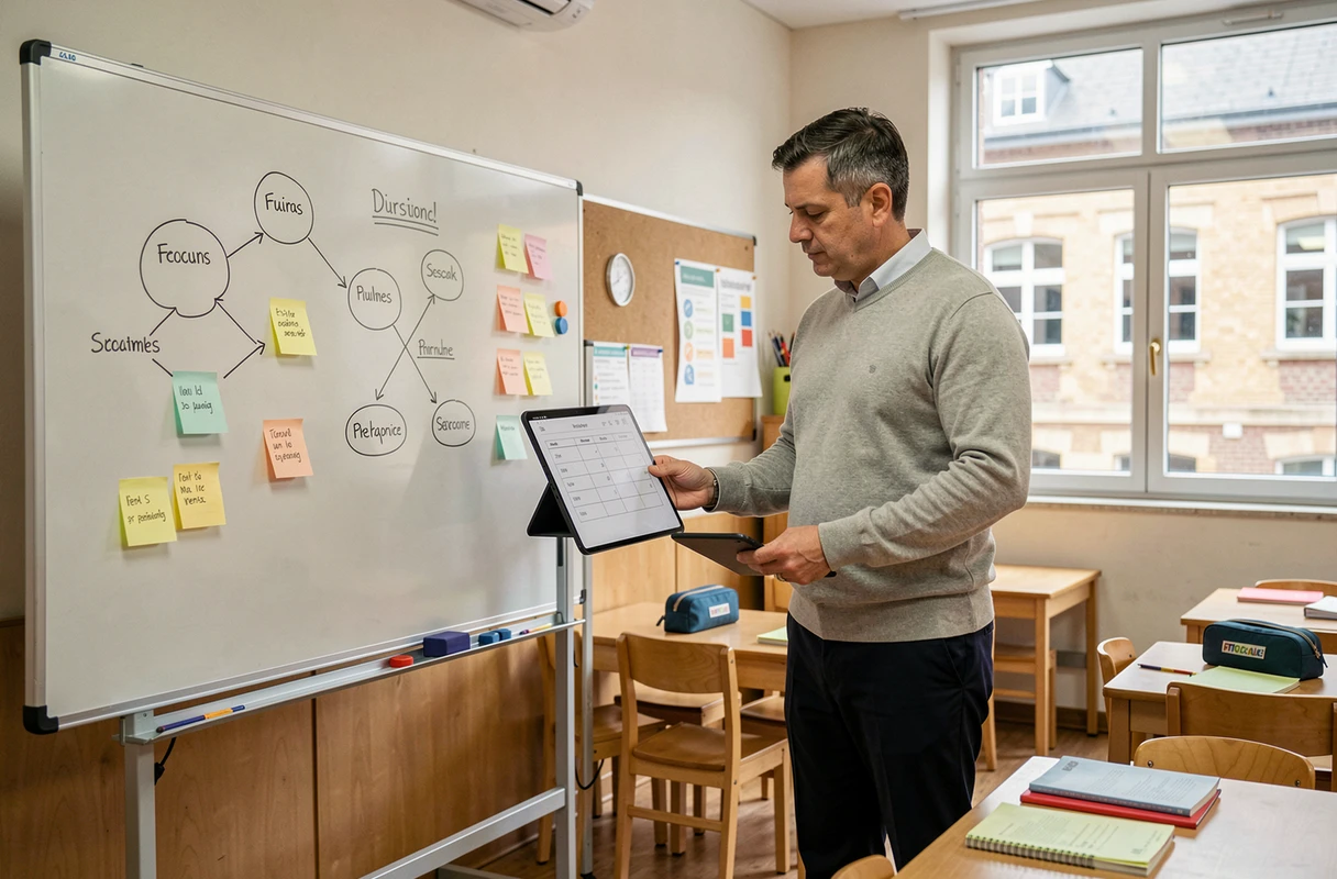 Instituteur debout devant un tableau blanc avec des notes de planification pédagogique dans une salle de classe moderne