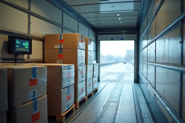 Intérieur d'un camion frigorifique à l'arrêt avec palettes de produits alimentaires et enregistreur de température numérique