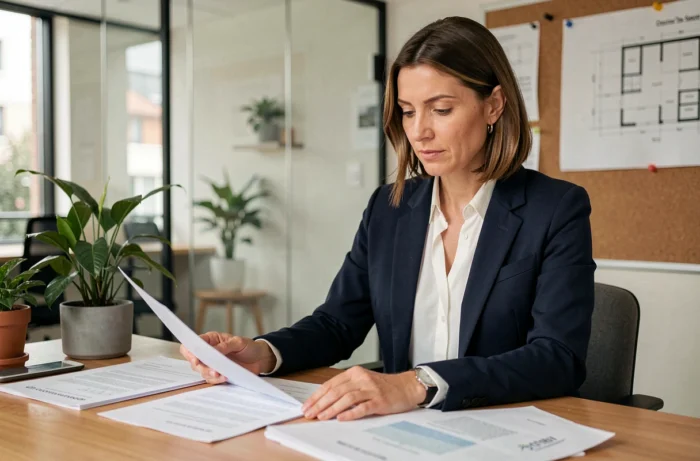 Femme professionnelle analysant des documents immobiliers dans une agence moderne en France