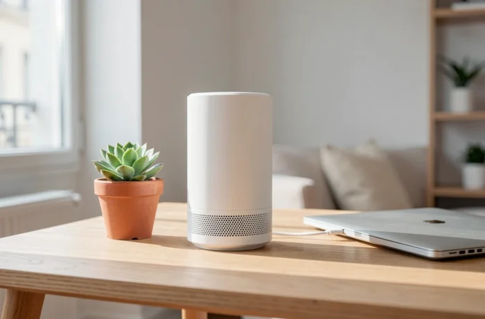 Ionisateur d'air compact posé sur un bureau en bois dans un appartement moderne