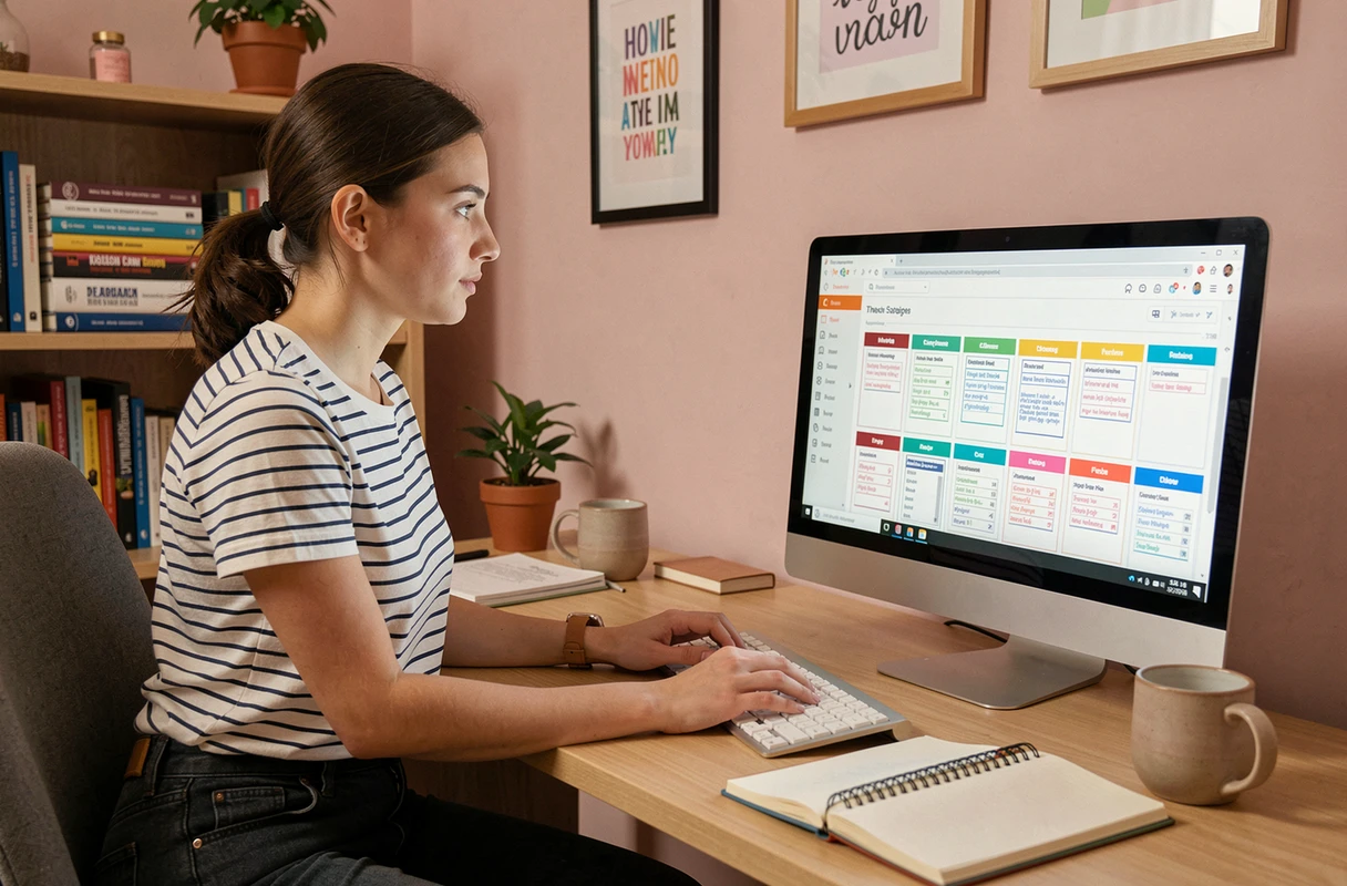 Jeune enseignante préparant ses cours depuis son bureau à domicile sur une plateforme éducative en ligne