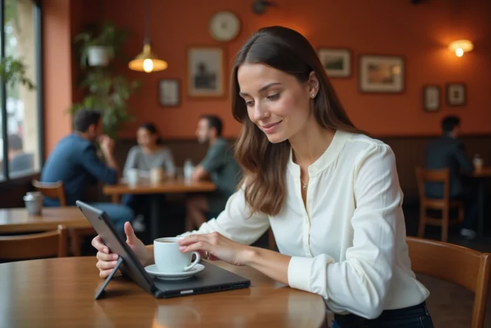 Jeune femme s'abonnant aux alertes offres d'emploi Pôle emploi sur une tablette dans un café
