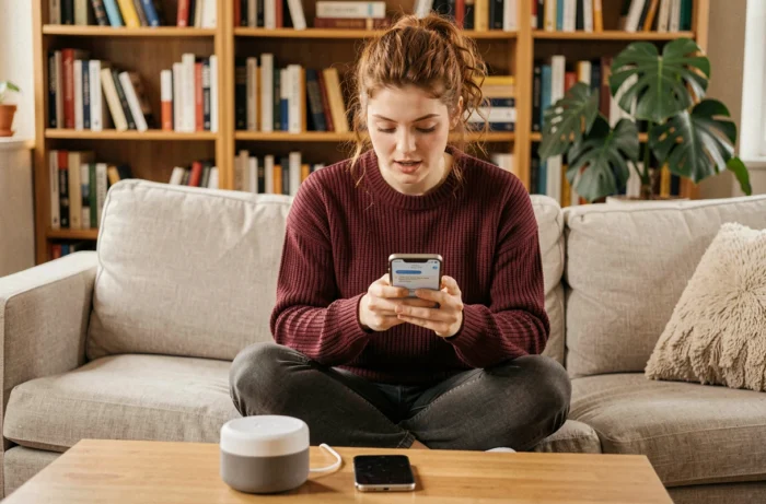 Une jeune femme interagit avec un assistant vocal IA et un chatbot sur smartphone depuis son espace de travail à domicile
