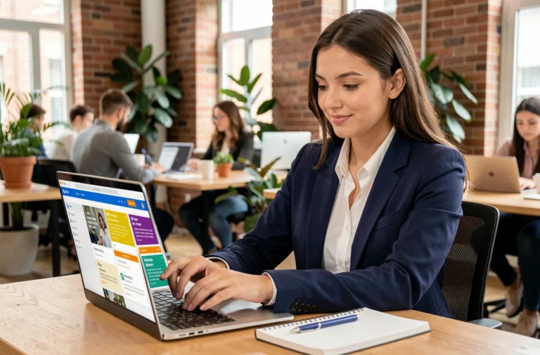 Jeune femme consultant des offres d'alternance sur un site emploi depuis un espace de coworking moderne