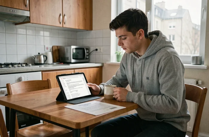 Jeune homme recherchant des offres d'alternance sur une tablette depuis son appartement étudiant