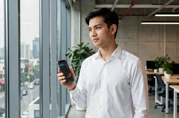 Jeune professionnel consultant les actualités financières sur smartphone dans un espace de coworking moderne