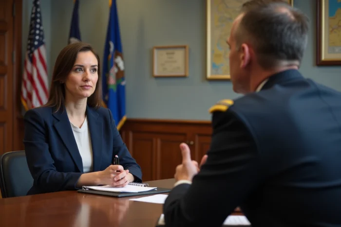 Journaliste de défense interviewant un général dans une salle de briefing gouvernementale officielle