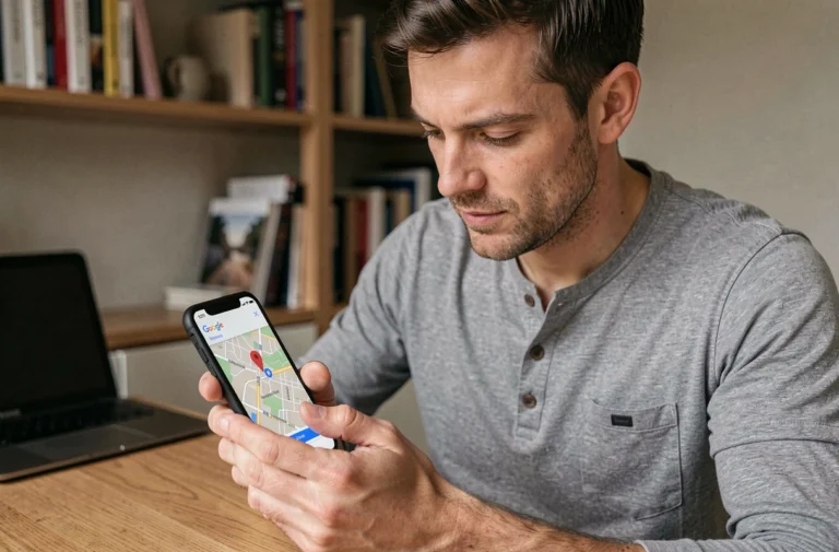 Homme consultant Google Maps sur smartphone pour localiser une maison depuis son bureau à domicile