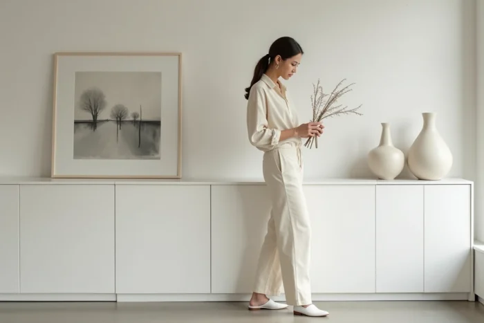 Femme en tenue minimaliste lin écru et blanc dans un intérieur épuré, style quotidien élégant et sobre