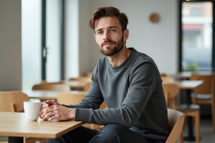 Homme en pull gris ardoise et pantalon anthracite dans un café scandinave minimaliste, style épuré et élégant
