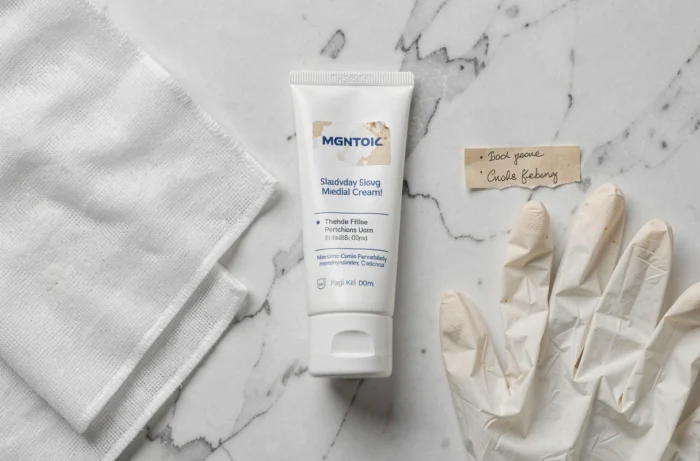 Vue de dessus d'un tube de pommade médicale avec gants et compresses sur une surface en marbre blanc