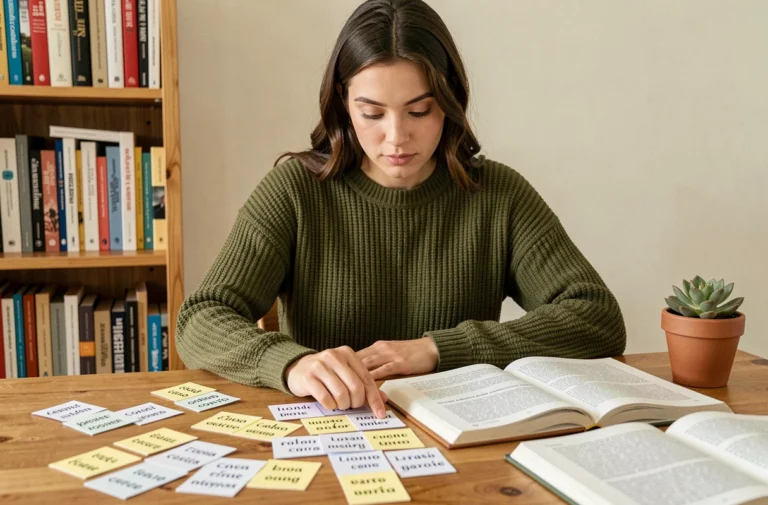 Jeune femme étudiant les conjugaisons du verbe partir au présent avec des fiches manuscrites sur un bureau en bois