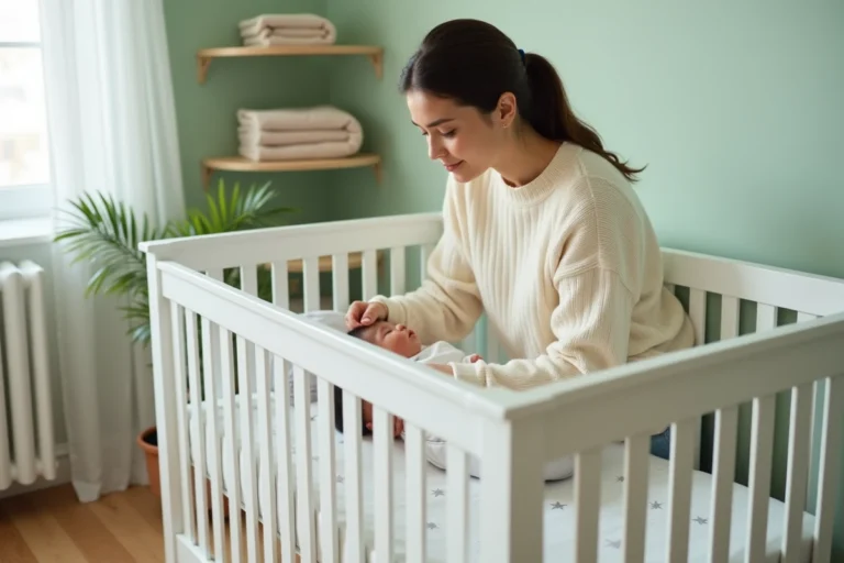 Mère plaçant son bébé dans un lit à barreaux en bois blanc dans une chambre de bébé décorée en vert sauge