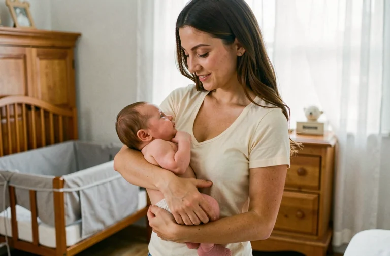 Jeune mère tenant tendrement son nouveau-né contre elle dans une chambre de bébé chaleureuse et apaisante