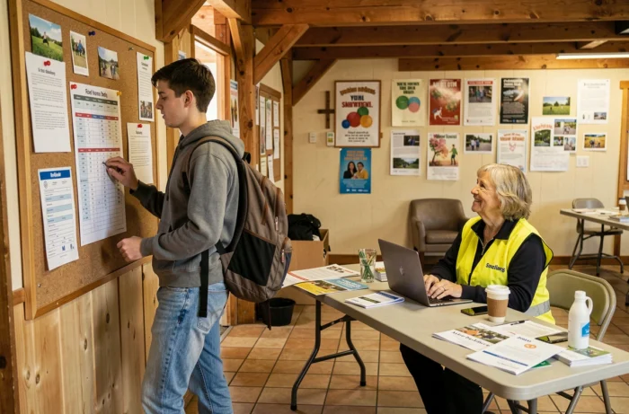 Jeune homme consultant un panneau d'affichage de transport solidaire dans un centre communautaire local avec une bénévole en gilet jaune
